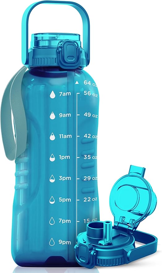 AQUAFIT 64 oz Water Bottle with Time Marker - 2in1 Straw & Chug Lid - BPA Free Big Water Bottle with Straw - Gym Water Bottle with Strap - Water Jug (64 Ounces, Aqua)-Ruum Studio Home