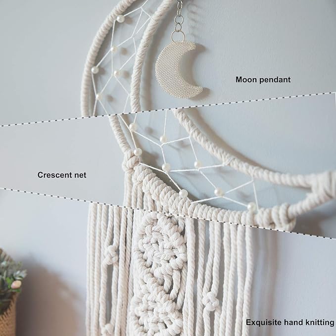 MOONFLY Dream Catcher with Handmade Moon Star Design Woven Cotton Dream Catchers Boho Macrame Wall Hanging Home Decoration Ornament Craft Gift (White Moon)-Ruum Studio Home