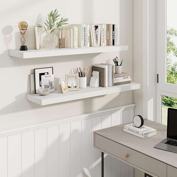 Fun Memories 40" Rustic Wood Floating Shelves with Invisible Brackets for Storage & Decor, Deep Wall Mounted Shelves for Bathroom, Kitchen, Living Room (White, Set of 2)-Ruum Studio Home