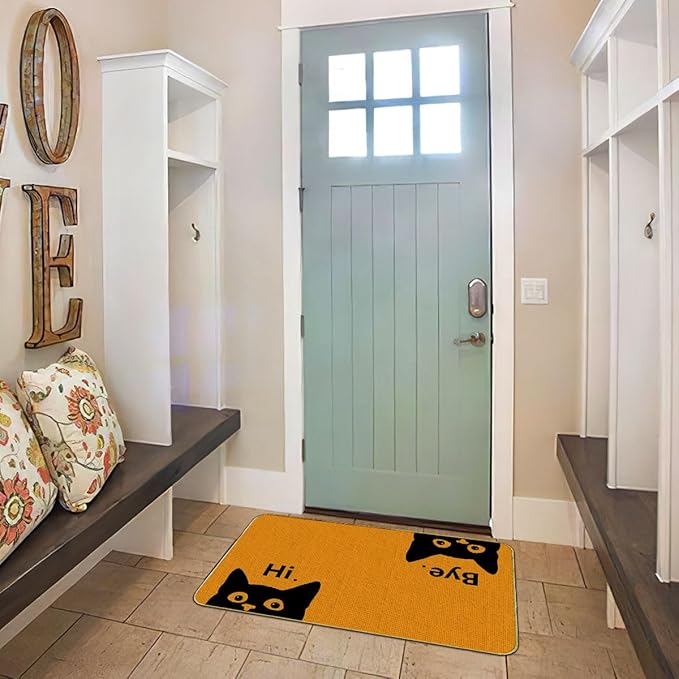 Mingnei Hi Bye Cat Welcome Doormat - Funny Black Cat Lover Floor Mat for Home, Kitchen, Entrance - Indoor/Outdoor Entryway Rug 30x17 (Orange)-Ruum Studio Home