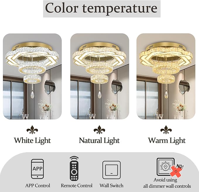Flashing God Modern Crystal Chandeliers Dia 24" Gold Chandelier Flush Mount Ceiling Light for Bedroom Living Room Dining Room Hallway Dimmable 3 Rings LED Celing Lighting Fixtures-Ruum Studio Home