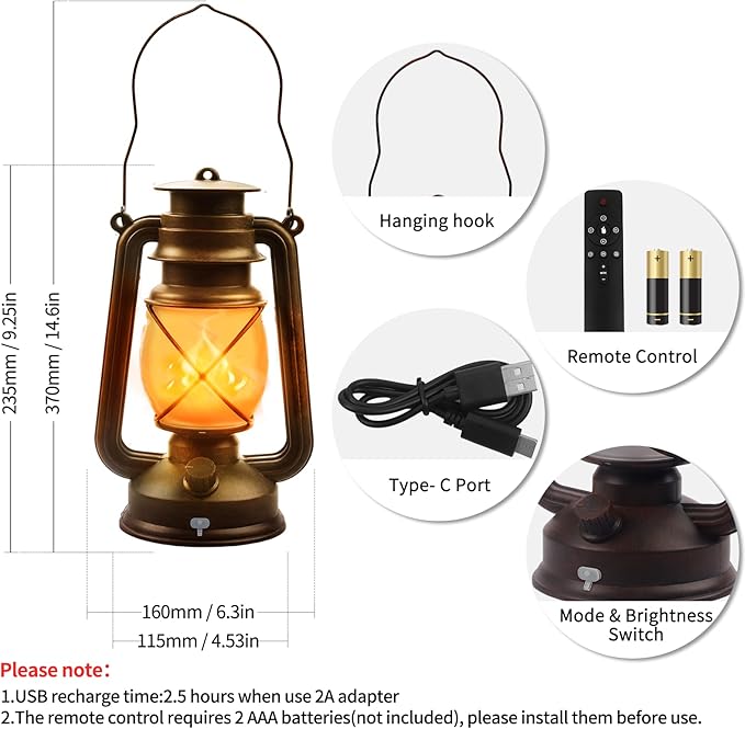 2 Pack Bronze Vintage 4 Modes Light LED Lanterns，Rechargeable Dancing Flame Lanterns Decorative Outdoor&Indoor, Remote Control Waterproof Hanging Lights for Camping,Patio Garden Pathway-Ruum Studio Home