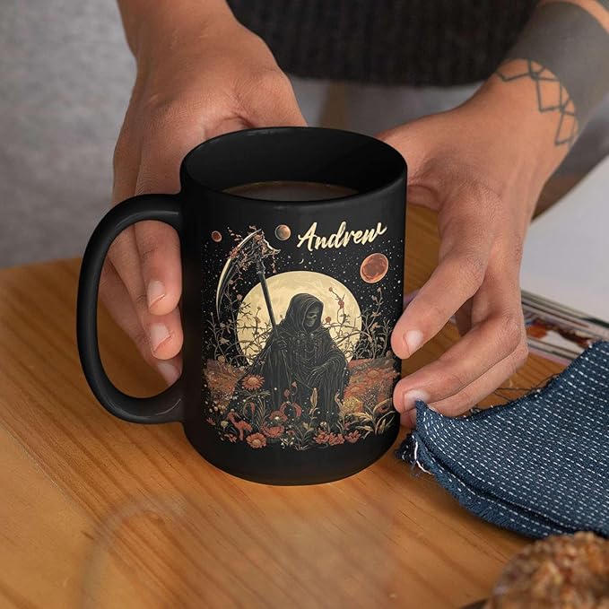 Custom Name Coffee Mug, Halloween Inspired Ceramic Cup 11oz 15oz, Personalized Spooky Reaper Coffee Cup, Halloween Character White Mug with Moon and Floral, Gifts for Men, Women-Ruum Studio Home