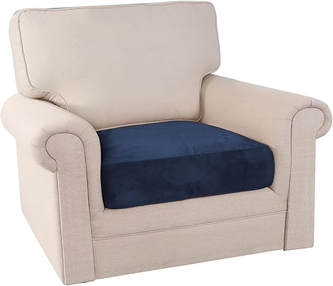 PrinceDeco Stretch Velvet Couch Cushion Cover,Soft Fitted Cushion Slipcover for Arm Chair Sofa Cushion Furniture Protector Seat Cushion Sofa Cover Width Up to 29.5", Navy-Ruum Studio Home