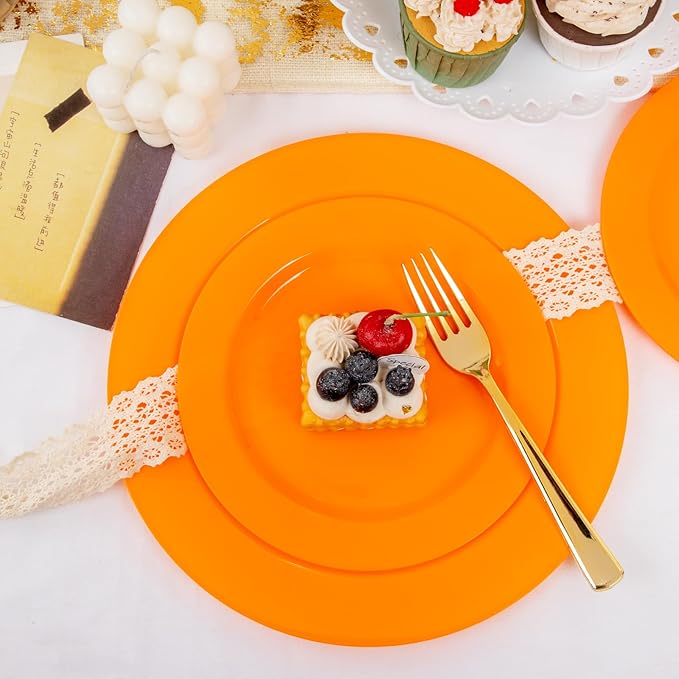 FLOWERCAT 60PCS Orange Plates - Heavy Duty Orange Plastic Plates Disposable for Halloween & Thanksgiving Party - Serve 30 Guests 10.25inch and 7.5inch-Ruum Studio Home