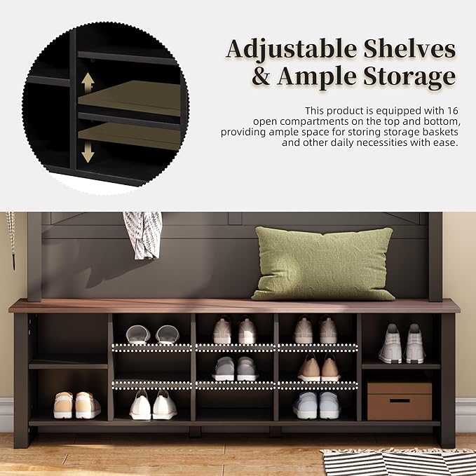 Ball & Cast 4-in-1 Hall Tree with 6 Hooks,Walnut Entryway Bench with Adjustable Shelves,Rustic Shoe Organizer with 16 Open Compartments,for Mudroom,Living Room,Hallway,Black-Ruum Studio Home