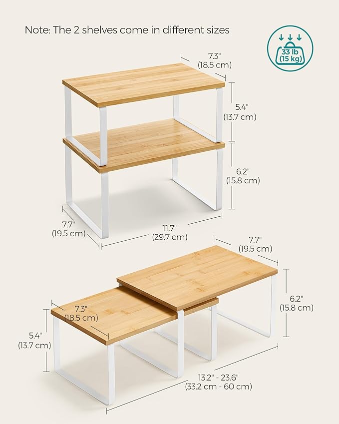SONGMICS Cabinet Organizer Shelf, Set of 2 Kitchen Counter Shelves, Kitchen Storage, Spice Rack, Stackable, Expandable, Metal and Engineered Wood, Cloud White and Natural Beige UKCS02NW-Ruum Studio Home