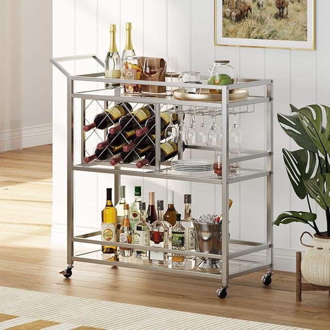 FATORRI Bar Cart Silver, Bar Carts for The Home, Home Bar Serving Carts for Liquor, Rolling Wine Cart with 3 Tier Mirrored Shelves on Wheels for Alcohol and Beverage (Silver)-Ruum Studio Home