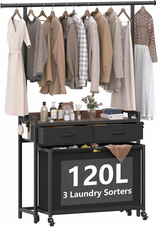 Laundry Sorter Hamper with Hanging Cloth Rack, Laundry Basket with 3 Section Pull-Out Rolling Bags, Laundry Sorter for Organization and Storage with 2 Drawers for Laundry Room (Vinatge Brown)-Ruum Studio Home