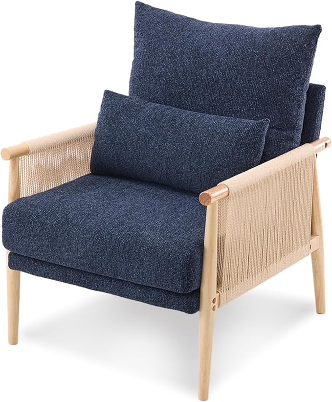VINGLI Boho Braid Accent Armchair,Mid-Century Modern Chiar with Solid Wooden Armrest,Comfy Louge Cushion Chair with Waist Pillow for Bedroom,Living Room,Reading Room, Blue-Ruum Studio Home