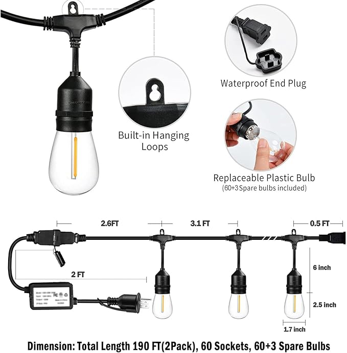 190FT Remote Controlled Outdoor String Lights Patio String Lights for Outside, 60+3 Shatterproof S14 Warm Lights String Outdoor for Bistro Café Gazebo Backyard, Linkable, 2 Pack-Ruum Studio Home