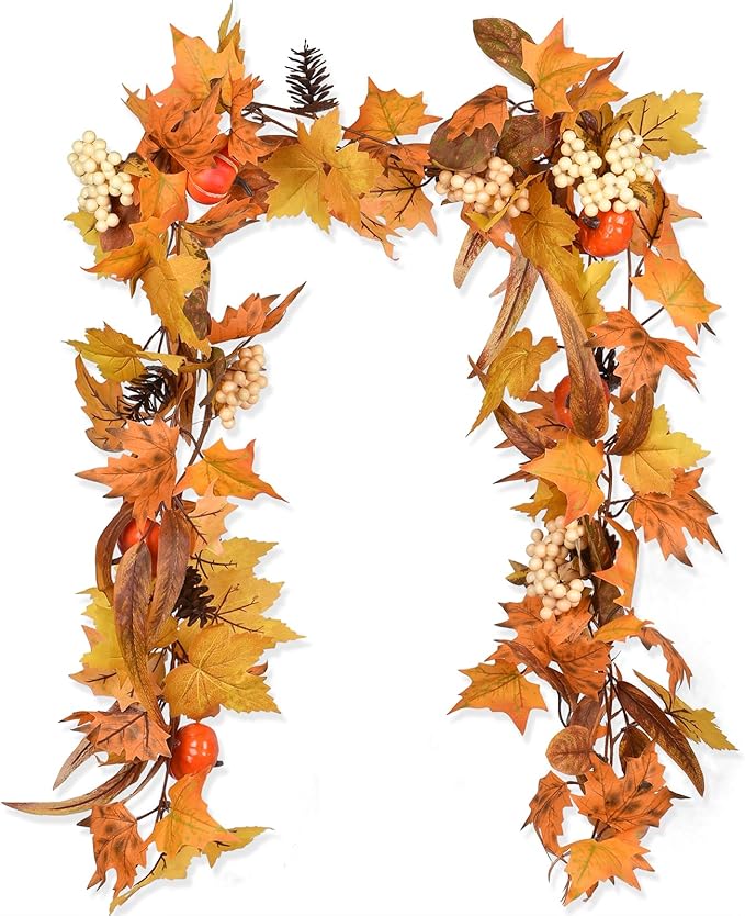 Lvydec Fall Maple Leaves Garland Decoration -6ft Artificial Fall Foliage Garland with White Pumpkins Pine Cone Autumn Decor for Halloween Thanksgiving Home Table Decor-Ruum Studio Home