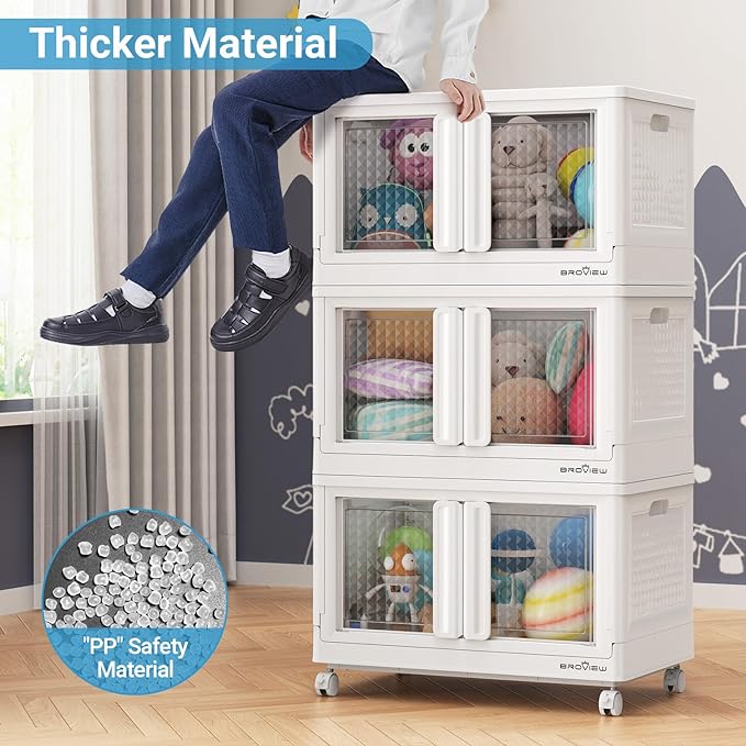 400Qt Stackable Storage Bins with Lids, 100Gal Closet Organizers and Storage Drawer, Plastic Collapsible Storage Bins with Doors, Heavy Duty Store Box Cabinet for Home Kitchen, 4Pack White-Ruum Studio Home