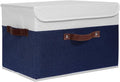 ANMINY Storage Boxes with Lids Washable Decorative Storage Bins Basket with PU Leather Handle Foldable Linen Fabric Storage Cubes Containers for Home Closet Organizer - Deep Blue White, Large Size-Ruum Studio Home