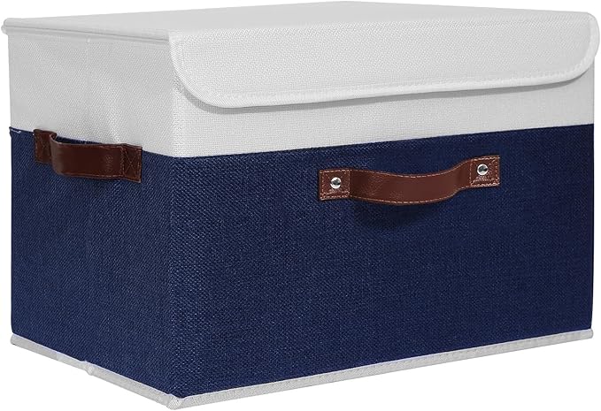 ANMINY Storage Boxes with Lids Washable Decorative Storage Bins Basket with PU Leather Handle Foldable Linen Fabric Storage Cubes Containers for Home Closet Organizer - Deep Blue White, Large Size-Ruum Studio Home
