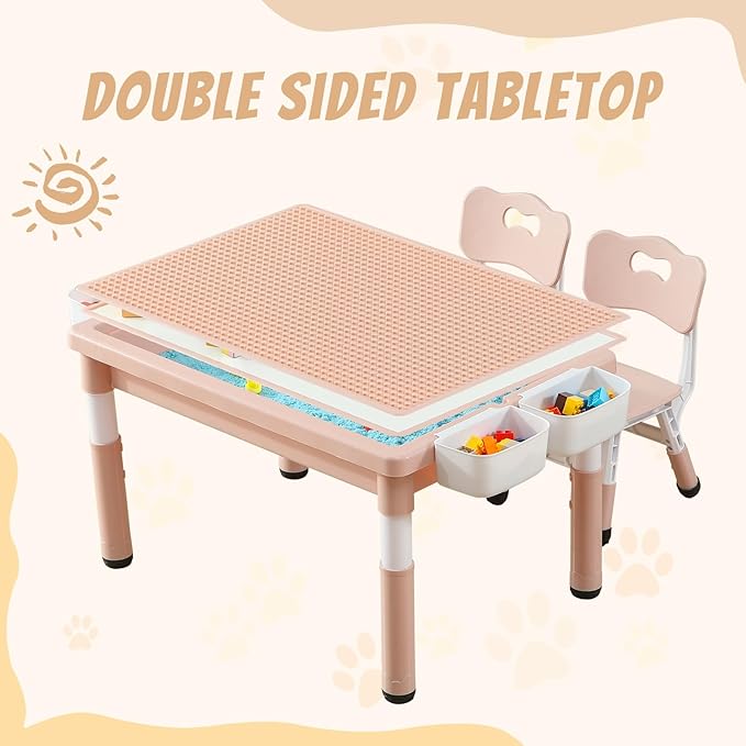 Multi Functional Kids Table and 2 Chairs Set, Graffiti & Building Blocks Double-Sided Tabletop, Toddler Play Table with Drawers, Large Storage Space, Gift for Boys/Girls, Pink-Ruum Studio Home