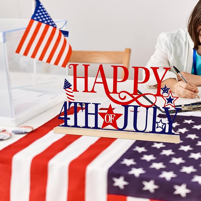 COCHIE Metal Happy 4th of July Sign, Red Blue and White Decorations for Home, Office, Shelf, Mantel, Indoor, Fouth of July Decoration, Patriotic Star Decor (Independence Day)-Ruum Studio Home