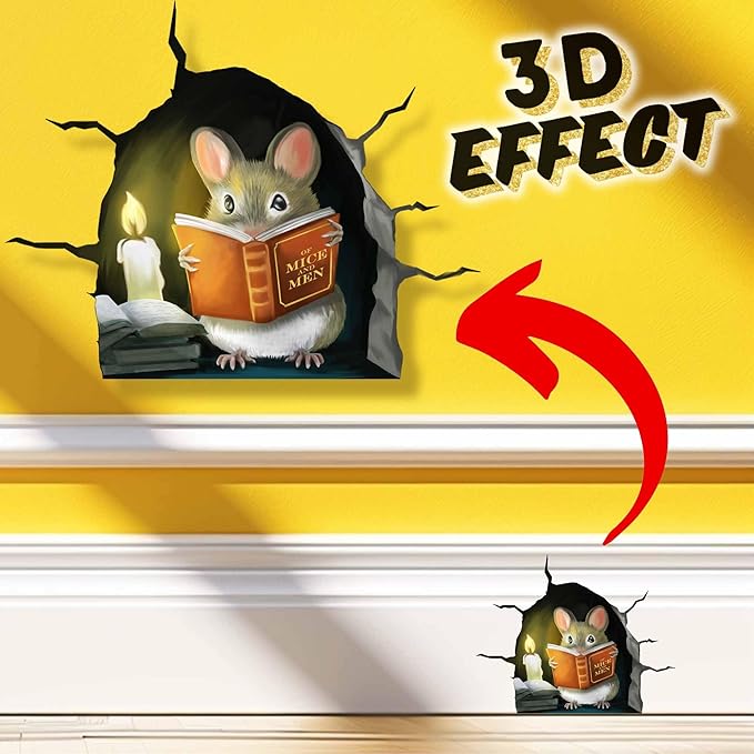 3D Mouse Reading Book in Mouse Hole, Decal Sticker, Removable Wall Decor, Book Lover Gift Idea, Baseboard, Wall Sticker Decal, Kids Room, Classroom, Library-Ruum Studio Home