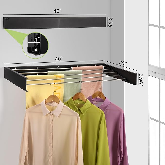 Wall Mounted Laundry Drying Rack, Retractable Clothes Drying Rack for Bathroom with Wall Template, 5 Stainless Rods Heaving 60 lb Capacity (Black, 40")-Ruum Studio Home