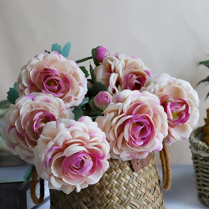 Artificial Ranunculus Flowers 23 Inch Long Stem - 6 Pack Silk Buttercup Stems for Wedding Bouquets, Centerpieces,Home Decor - Realistic Deep Pink Faux Floral Arrangements (Deep Pink)-Ruum Studio Home