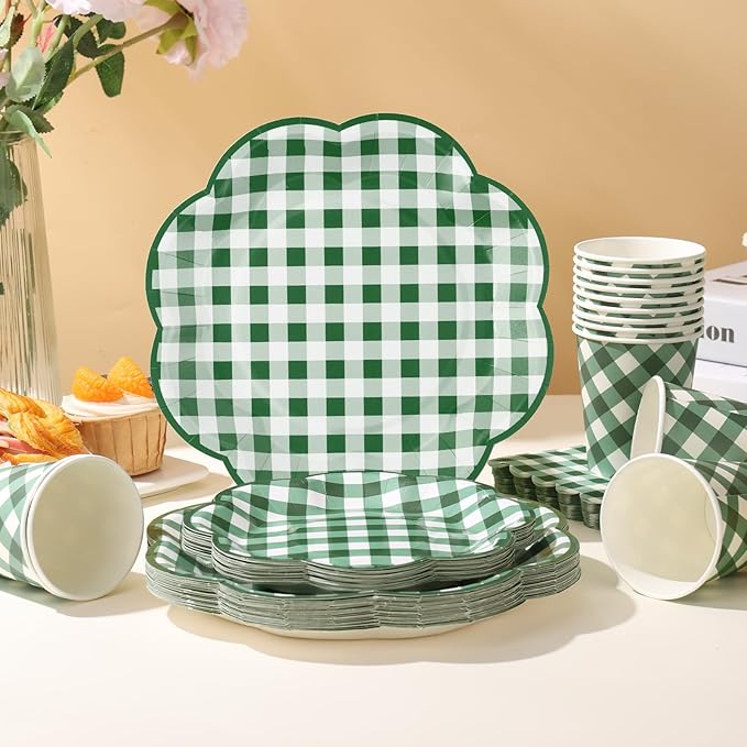 350 Pcs Green Gingham Plates and Napkins Party Supplies - Green and White Checkered Plates Sets Serve 50 Guests - Scalloped Gingham Paper Plate for Birthday Picnic BBQ Golf Party Decorations-Ruum Studio Home