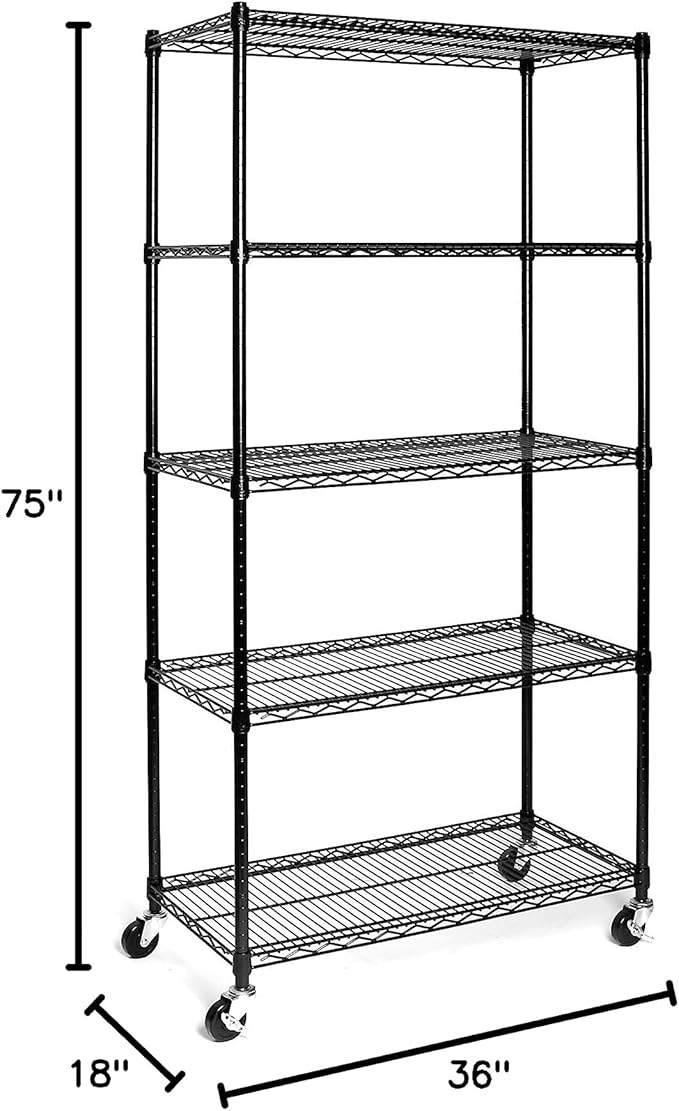 Seville Classics UltraDurable Heavy Duty NSF Solid Steel Wire Rack Storage Unit, Organizer for Garage, Warehouse, Office, Restaurant, Classroom, Kitchen, Black, 5-Tier Shelving, 36" W x 18" D-Ruum Studio Home