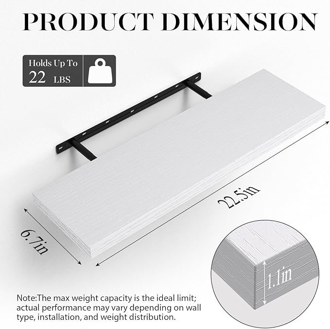BAYKA Floating Shelves Set of 2, 22.5" Rustic Wood Wall Mounted Shelves for Bathroom, Bedroom, Living Room, Kitchen & Office, Hanging Display Shelf with 22 lbs Capacity (White)-Ruum Studio Home