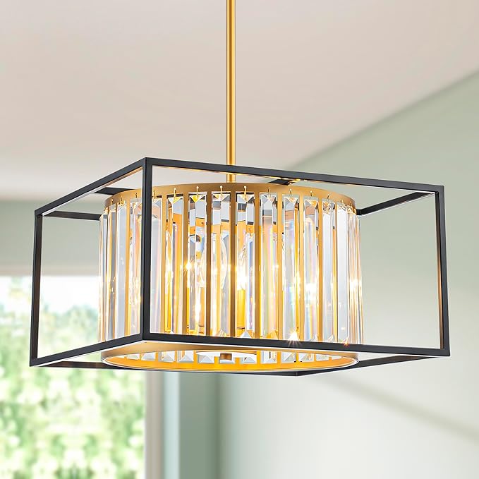 5-Lights K9 Crystal Chandelier, Modern Style Pendant Light Fixture for Dining Room, Bedroom & Living Room, Gold & Black Finish, L16.5 * W16.5 * H12~48 inch (Adjustable Height)-Ruum Studio Home