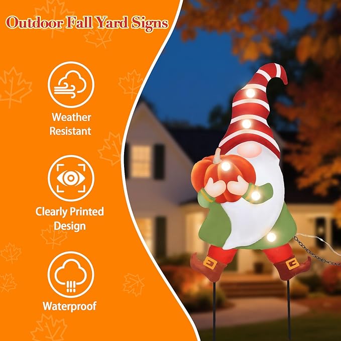 WONDER GARDEN 3 PCS Fall Yard Sign Metal Gnomes Decorative Garden Stakes with Led Lights Autumn Harvest Pumpkin Thanksgiving Garden Lawn Porch Patio Decorations Outdoor-Ruum Studio Home