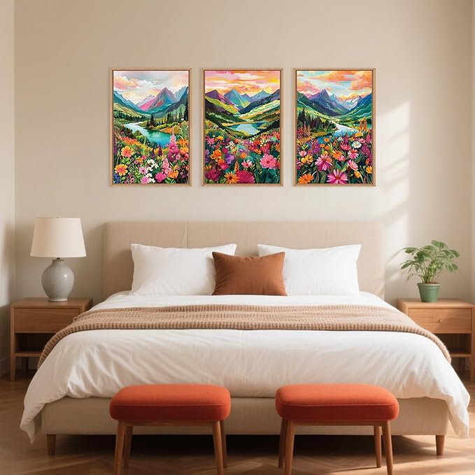Celestdeco Wildflower Blossom Framed Canvas Wall Art Set, Colorful Flowers Painting, Abstract Landscape Wall Decor, Natural Ridge Floral Art Print for Living Room, Dining Room, Office - 24"x36"x3-Ruum Studio Home
