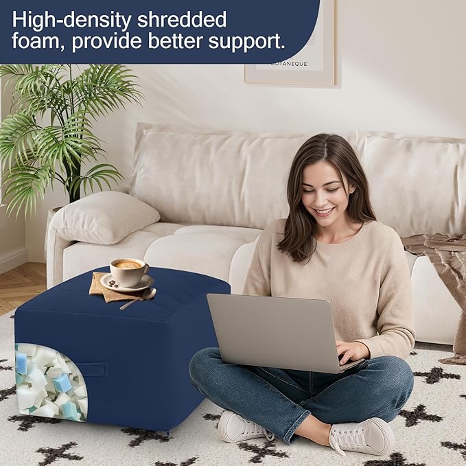 MeMoreCool Square Stuffed Pouf Ottoman Foot Rest, Floor Pouf Foot Stool with Foam Chunk Filling, Soft Stuffed Ottoman Footrest for Living Room, Navy-Ruum Studio Home