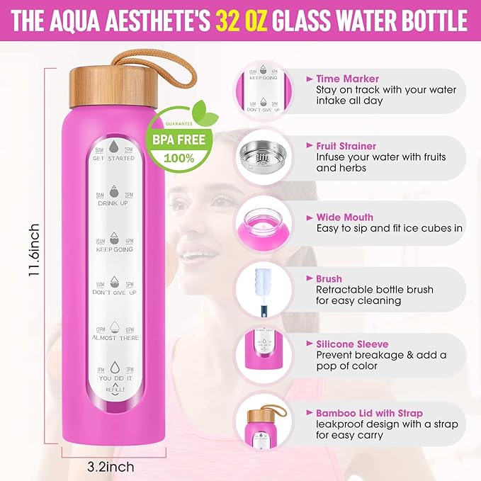 Aqulea Glass Water Bottles 32 Oz with Silicone Sleeve - BPA Free Reusable Wide Mouth Glass Motivational Water Bottles with Fruit Infuser – Leak Proof Borosilicate Water Bottle with Time Marker (Rose)-Ruum Studio Home