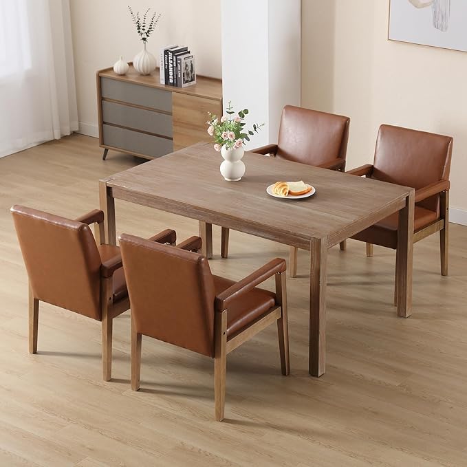 Kmax Modern Dining Chairs Set of 4 Faux Leather Kitchen Arm Chairs Upholstered Accent Chairs with Wooden Legs for Dining Room, Living Room, Bedroom, Brown-Ruum Studio Home
