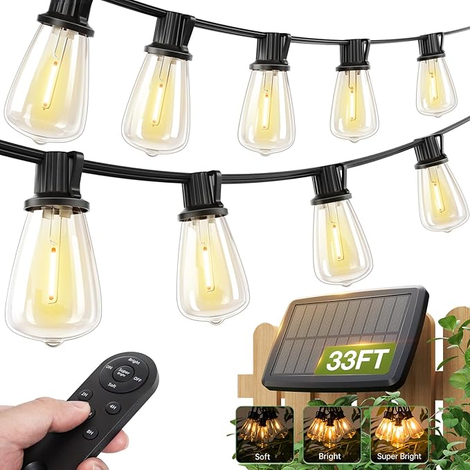 addlon 33(27+6) FT Solar String Lights Waterproof,Patio Light Solar Powered with Remote& USB Port 9+1 LED Shatterproof Bulbs 3 Lighting Modes Outdoor for Camping Backyard Garden-Ruum Studio Home