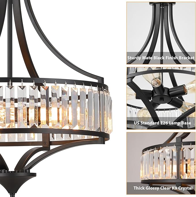Modern Black Crystal Chandelier, 20 Inch Large Ceiling Pendant Light Fixture with 50'' Adjustable Hanging Chain, 5-Light Farmhouse Chandelier for Dining Room, Living Room, Bedroom, Entryway-Ruum Studio Home