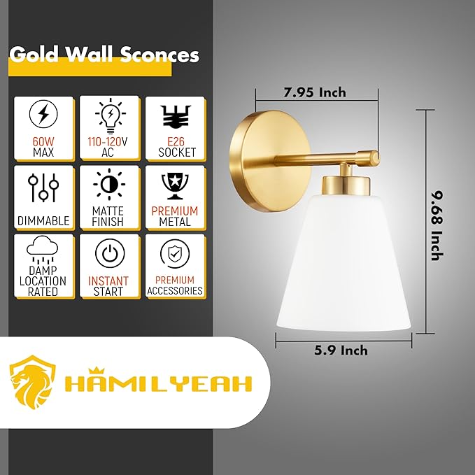 Hamilyeah Gold Sconces Wall Lighting Set of Two with Frosted Glass Shade, Industrial Bathroom Lighting Fixture with Milk Shade, Modern Brass Vanity Sconce Lighting for Bedroom, Living Room-Ruum Studio Home