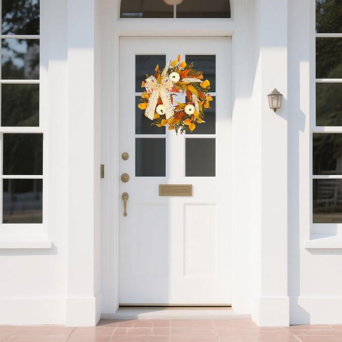CYANBLOOM Fall Wreaths for Front Door: Rustic 20-22 Inch Bow Wreath with Golden Eucalyptus, White Pumpkins & Wheat - Lovely Warm Vibes Outdoor Indoor Farmhouse Decor for Halloween Thanksgiving Autumn-Ruum Studio Home
