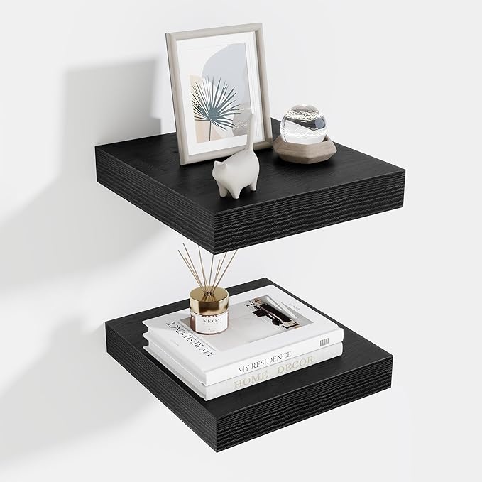 Fun Memories Floating Shelves for Wall 10 Inch, 10 Inch Deep Square Wall Shelves, Bathroom Storage Shelves Over Toilet, Wood Floating Shelves for Living Room Bedroom, Black, Set of 2-Ruum Studio Home