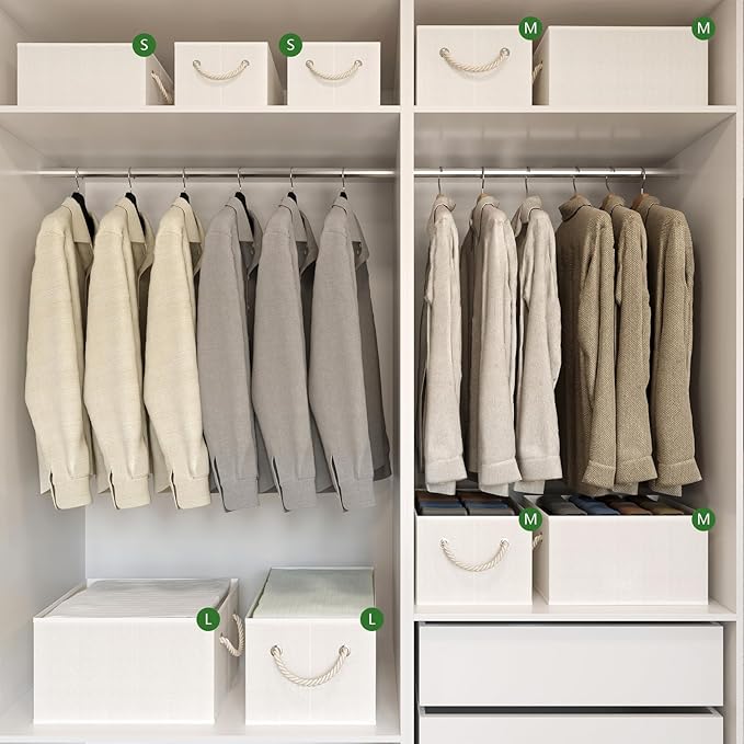 Closet Storage Bins, Linen Closet Organizers and Storage Basket for Shelves, Collapsible Shelf Baskets for Organizing Shelves, Bedroom Clothes Basket, Beige, 3 Pack-Ruum Studio Home