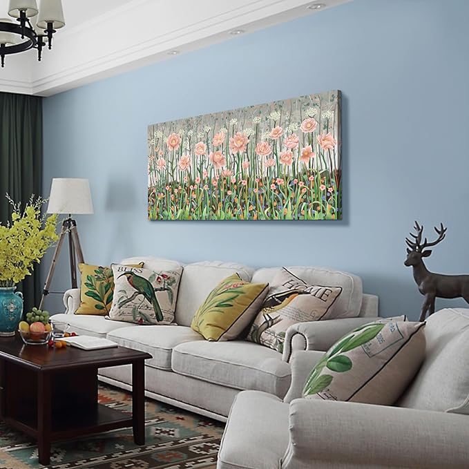 amatop Large Floral Wall Art Modern Abstract Flower Field Canvas Picture Botanical Artwork Rustic Wall Decor for Living Room Bedroom Pink Green Blooming Wildflower Forest Nature Art Print 48x24in-Ruum Studio Home