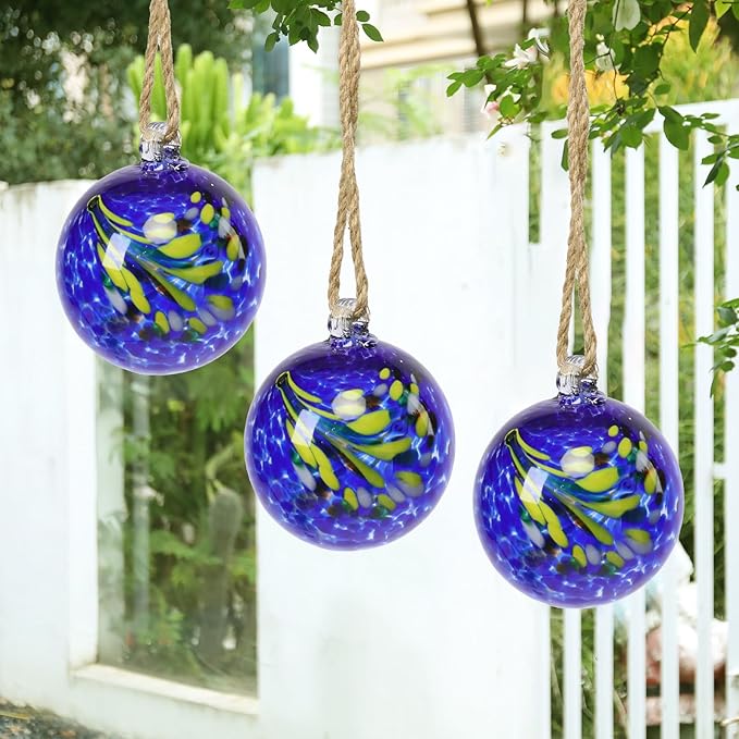 VCUTEKA Hanging Garden Gazing Ball, Hand-Blown Glass Witch Ball for Outdoor Garden Décor, 6" Blue Swirl-Ruum Studio Home