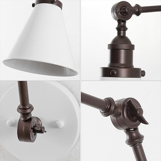 JONATHAN Y JYL7462C-SET2 Rover 7" Classic Industrial Metal Adjustable Arm LED Wall Sconce, White/Oil Rubbed Bronze (Set of 2) for Bedroom, Bathroom, Vanity-Ruum Studio Home