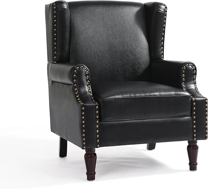 UIXE PU Leather High Back Accent Chair, Upholstered Armchair for Living Room, Retro Wingback Arm Chair Nailhead Trim Single Sofa Bedroom Reading Seat with Solid Wood Legs - Black-Ruum Studio Home