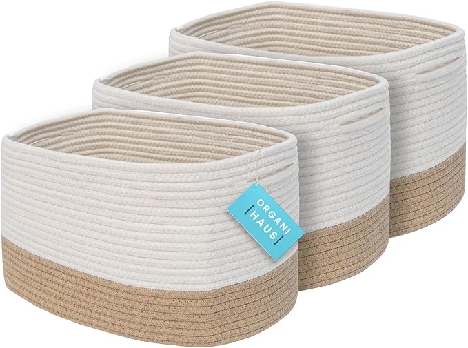 OrganiHaus Set of 3 Woven Storage Baskets for Organizing, Cotton Rope Organizer Bins for Shelves, Closet & Nursery, Dog Toy Basket, Decorative Bins for Toys, Towels & Books - 15x10x9, Honey/Off-White-Ruum Studio Home