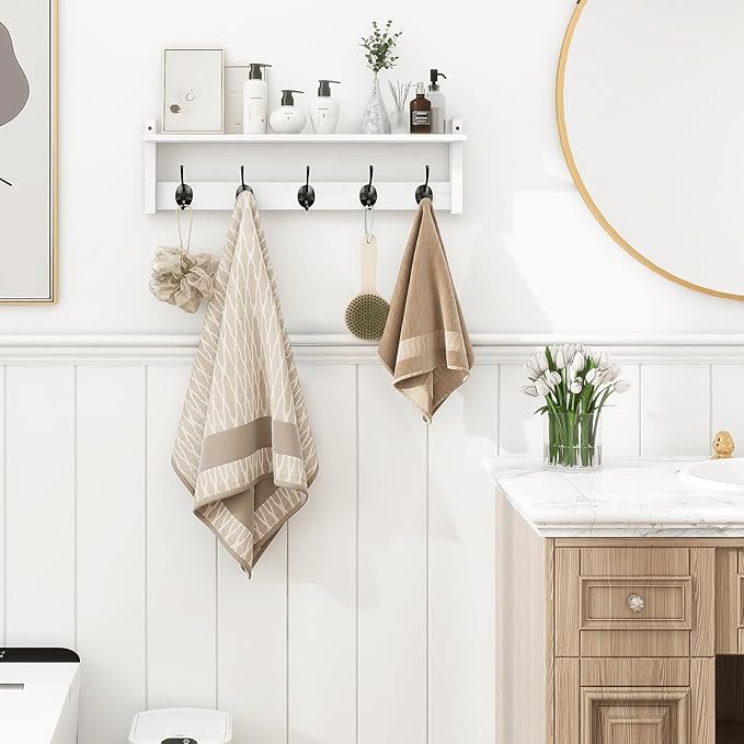 Homode Coat Rack with Wall Shelf and Hooks - 24 Inch Long, Wooden Hanging Coat Hanger with Hat Shelf for Entryway, Bathroom, Mudroom, White-Ruum Studio Home