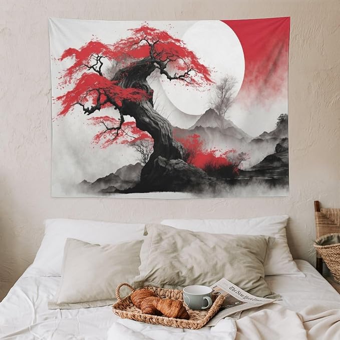 Cherry Blossoms Tapestry, Japanese Red Landscape Asian Abstract Art, Bedroom Living Room Decor 40"x30"-Ruum Studio Home