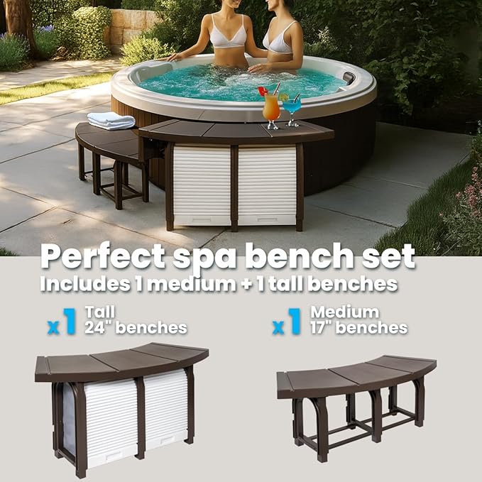 XtremepowerUS SPA Bench Set with Storage & Roller Shades – 2 Medium & 2 Tall Benches, Brown, 400 lbs Capacity, Outdoor Use-Ruum Studio Home