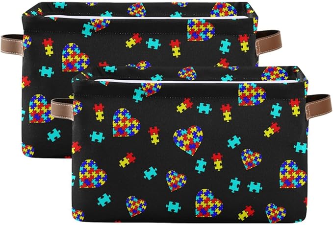 Multicolor Storage Basket Bin Autism Awareness Puzzle Pieces Heart Organizer Collapsible Shelf Cube with Handle for Nursery Bedroom Bathroom-Ruum Studio Home