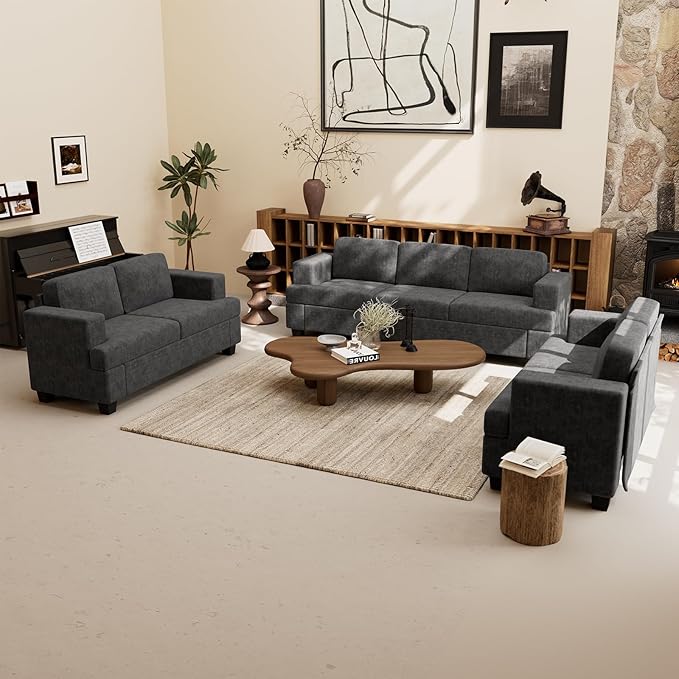 Sofa, 63” Comfy Loveseat Sofa with Deep Seats, Couch for Living Room, Modern Sleeper Couch, Dark Grey Chenille-Ruum Studio Home