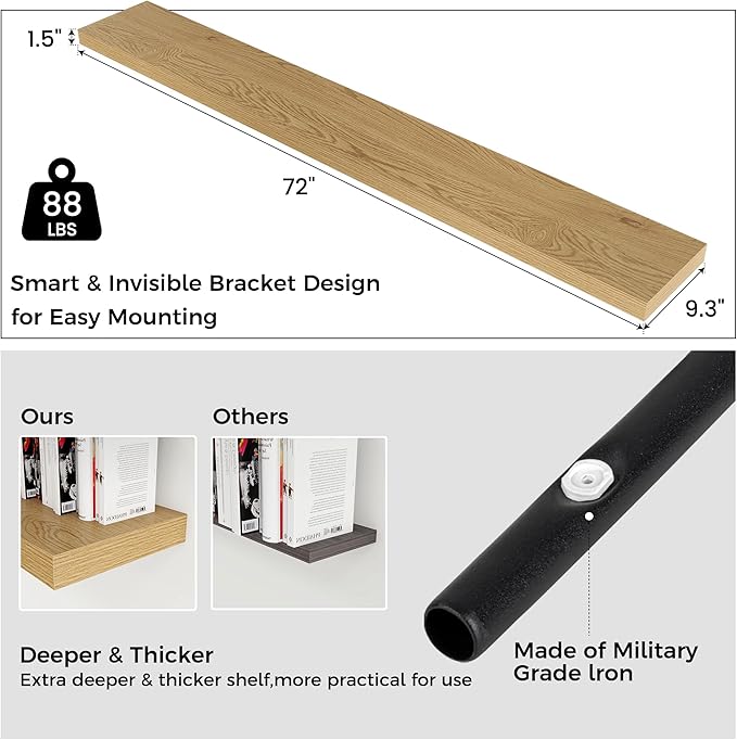 Floating Shelves for Wall, Large Wall Mounted Shelves with Invisible Brackets, Long Wood Floating Shelf for Living Room, Bedroom, Kitchen, Bathroom (Oak, 72" W x 9" D x 1.5" H)-Ruum Studio Home